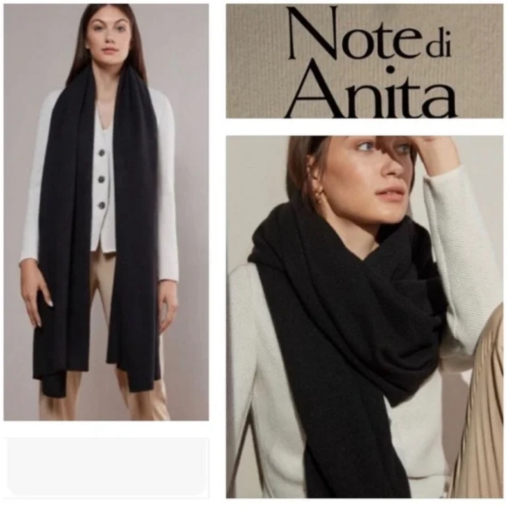 Note di Anita Made In Italy Merino Wool Cashmere Bld Charcoal Ribbed Scarf Wrap